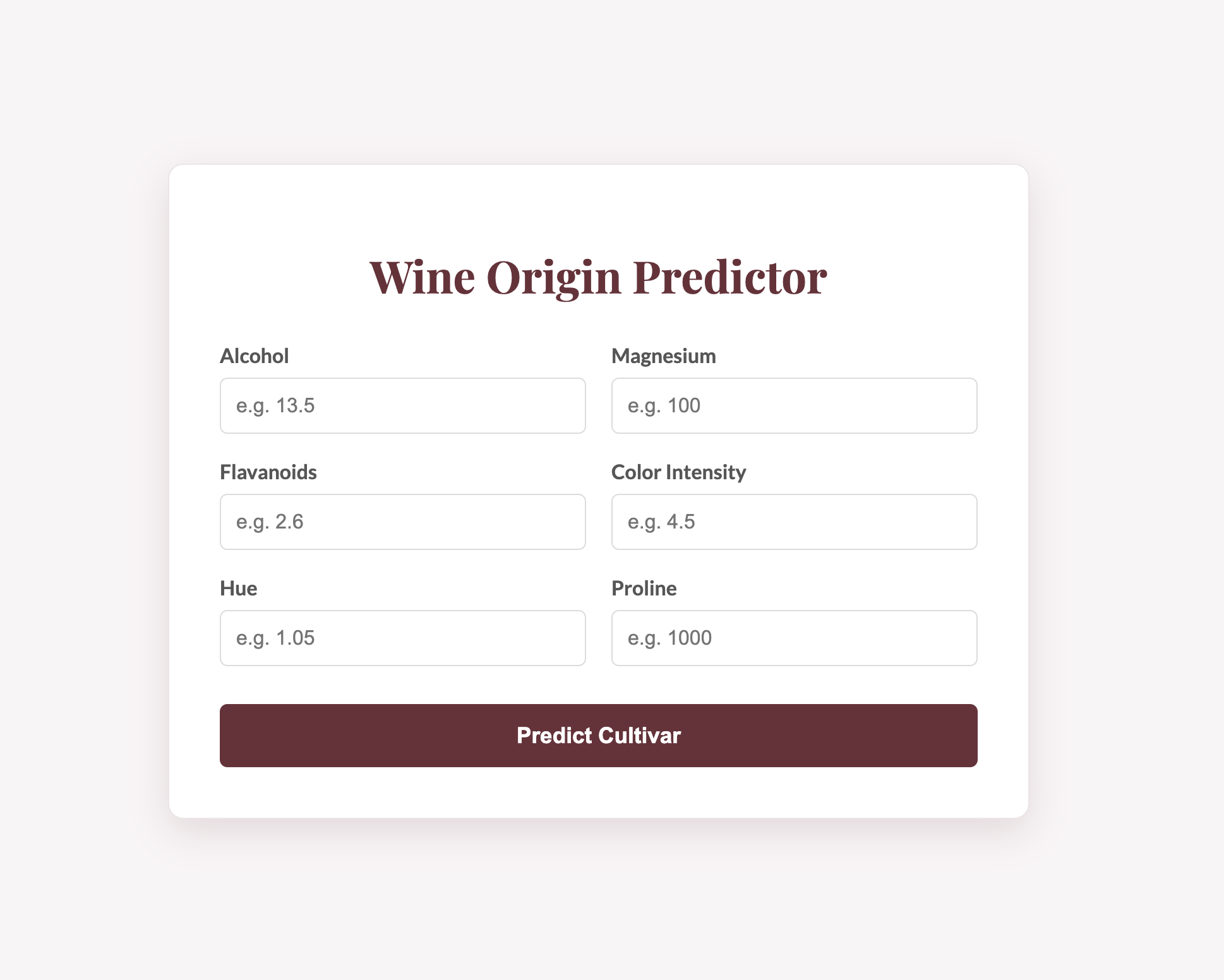 Wine Origin Predictor interface